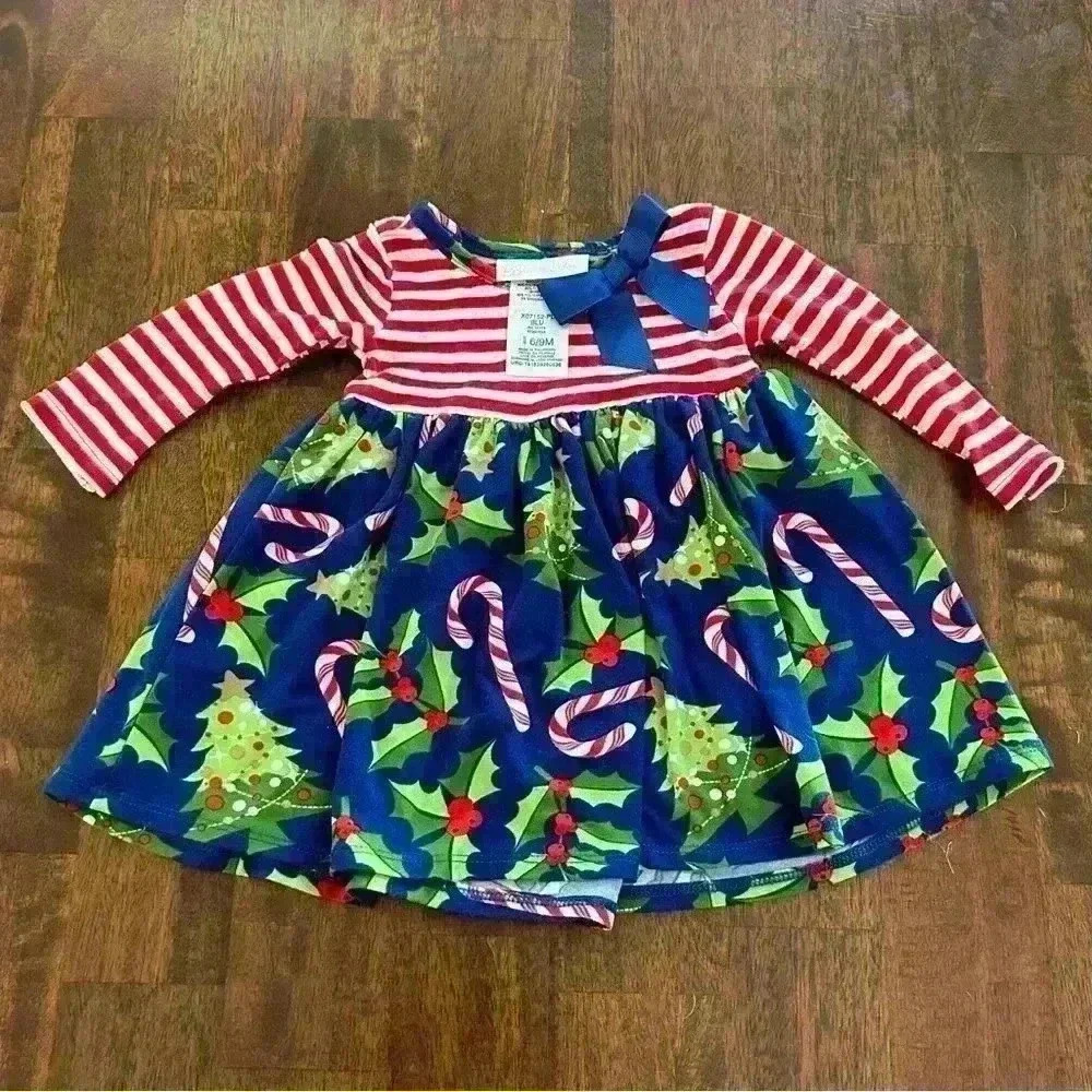 Bonnie Jean Baby Girl Long Sleeve Christmas Holiday Bow Dress Size 6-9 Month